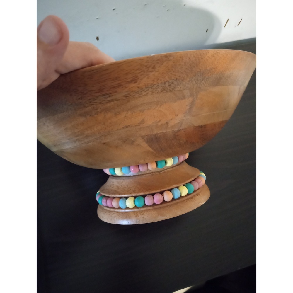 Wooden Pedestal Bowl with Pastel Bead Accents Natural Grain Centerpiece